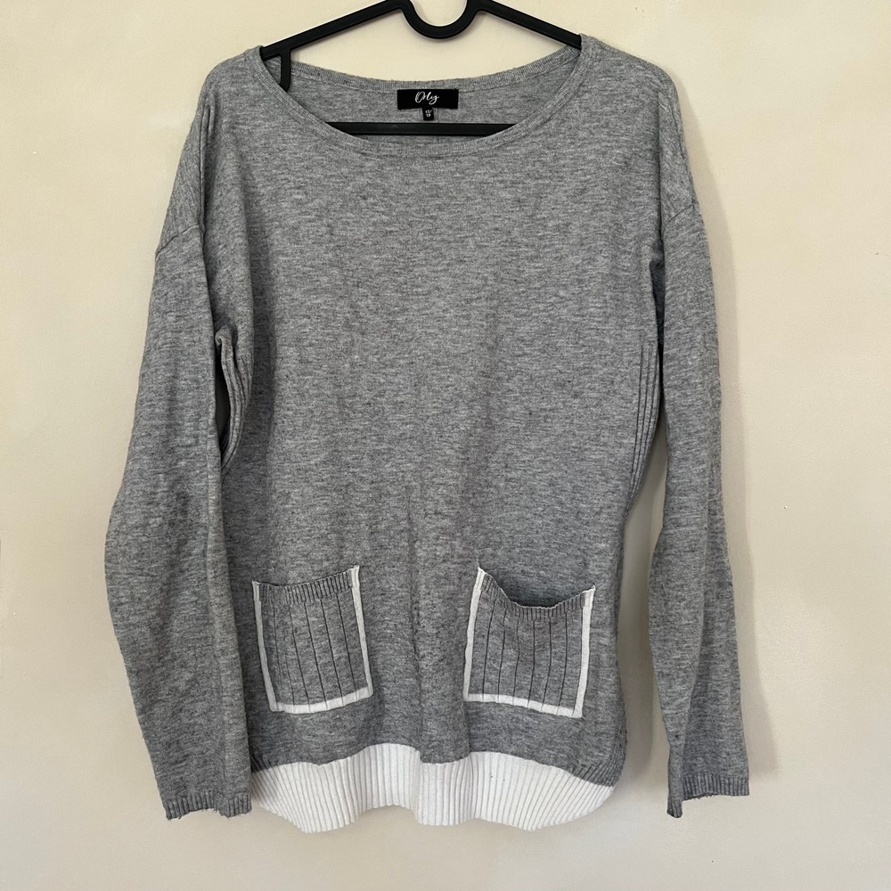 Orly Grey Knit Sweater Heart Button Back Long Sleeve Layered Hem